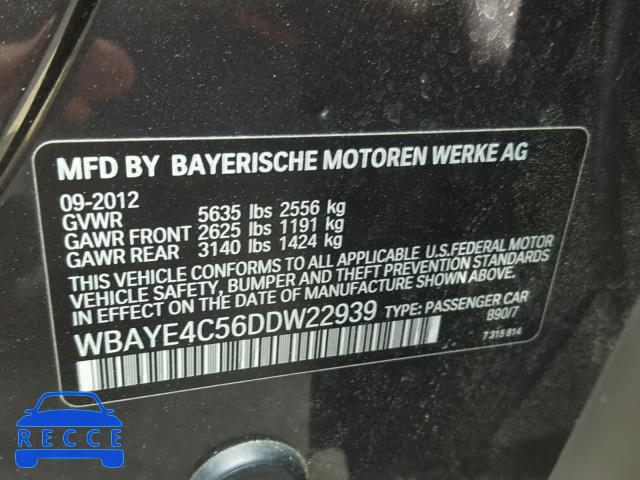 2013 BMW 740 LI WBAYE4C56DDW22939 зображення 9