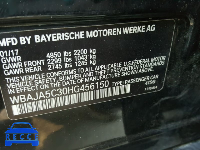 2017 BMW 530 I WBAJA5C30HG456150 зображення 9