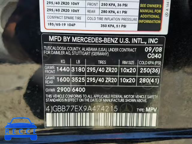 2009 MERCEDES-BENZ ML 63 AMG 4JGBB77EX9A474215 image 9