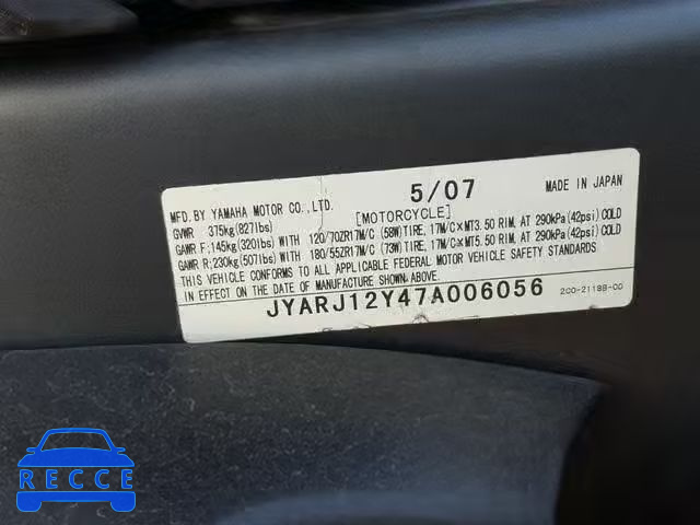 2007 YAMAHA YZFR6 L JYARJ12Y47A006056 image 9