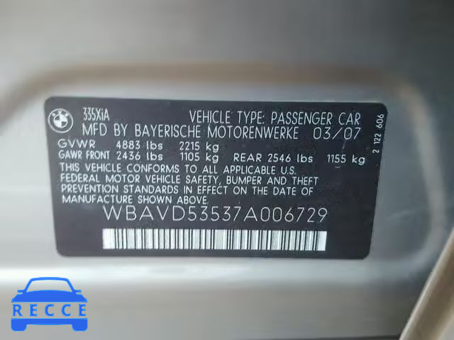 2007 BMW 335 XI WBAVD53537A006729 зображення 9