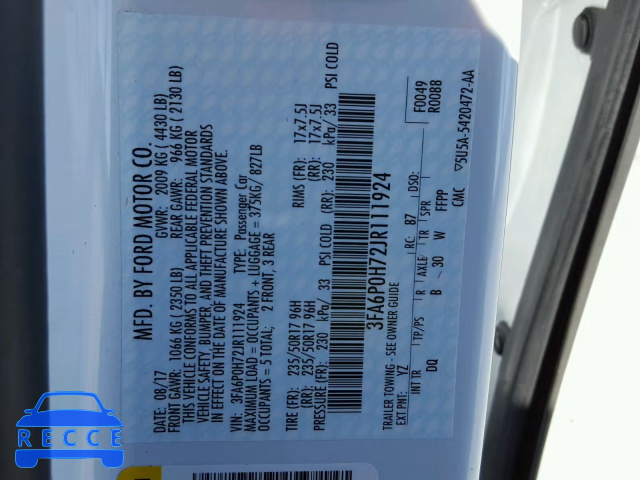 2018 FORD FUSION SE 3FA6P0H72JR111924 image 9