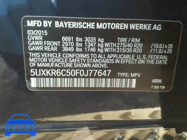 2015 BMW X5 XDRIVE5 5UXKR6C50F0J77647 Bild 9