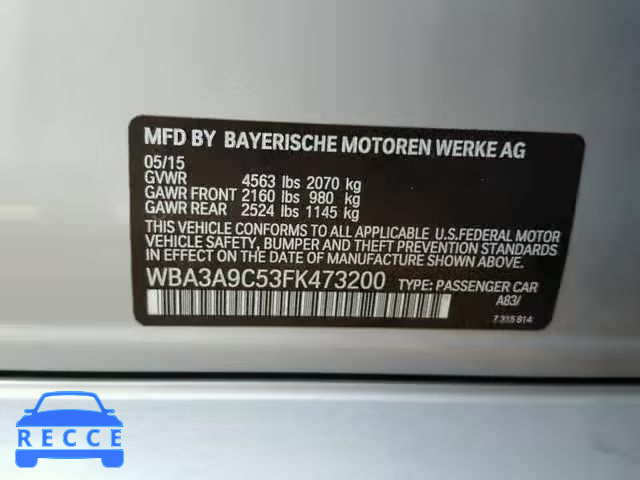 2015 BMW 335 I WBA3A9C53FK473200 зображення 9