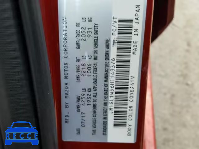 2017 MAZDA 6 GRAND TO JM1GL1W56H1143376 зображення 9