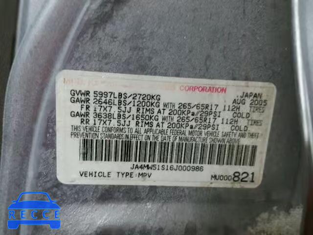 2006 MITSUBISHI MONTERO LI JA4MW51S16J000986 image 9