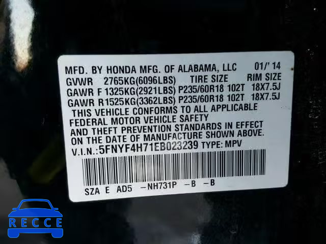 2014 HONDA PILOT EXLN 5FNYF4H71EB023239 image 9