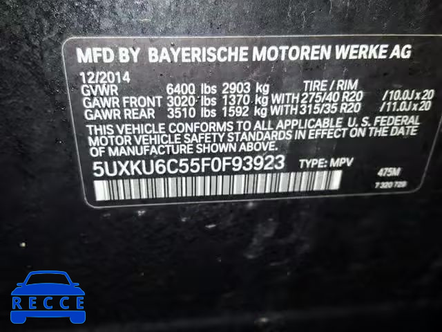 2015 BMW X6 XDRIVE5 5UXKU6C55F0F93923 зображення 9