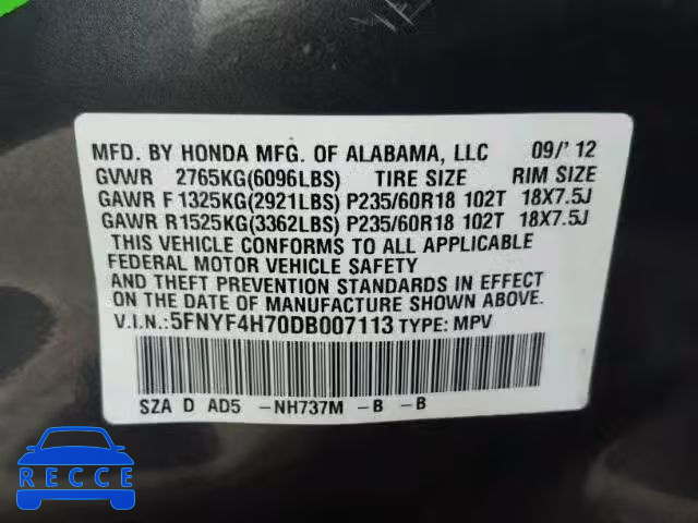 2013 HONDA PILOT EXLN 5FNYF4H70DB007113 image 9