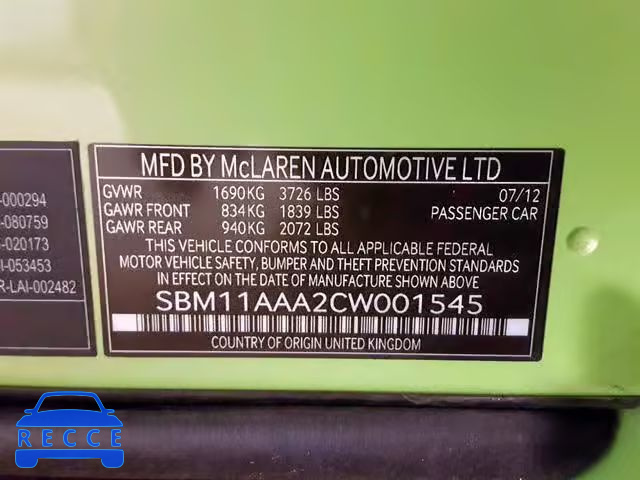 2012 MCLAREN AUTOMATICOTIVE MP4-12C SBM11AAA2CW001545 зображення 9