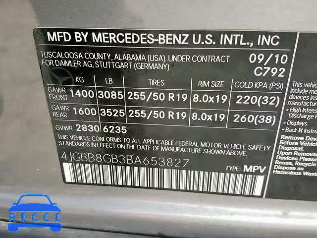 2011 MERCEDES-BENZ ML 350 4MA 4JGBB8GB3BA653827 image 9