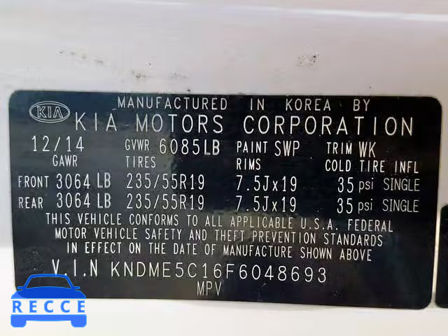 2015 KIA SEDONA SXL KNDME5C16F6048693 зображення 9