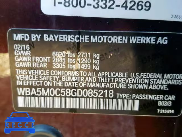 2016 BMW 550 XIGT WBA5M0C58GD085218 зображення 9