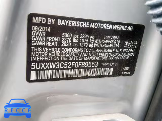 2015 BMW X4 XDRIVE2 5UXXW3C52F0F89553 зображення 9