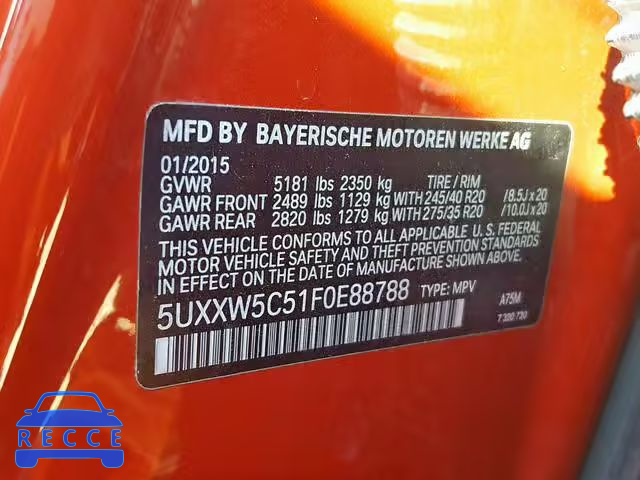 2015 BMW X4 XDRIVE3 5UXXW5C51F0E88788 зображення 9