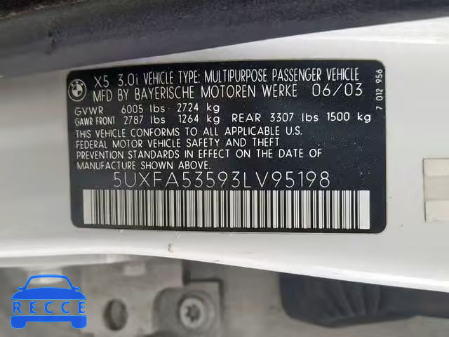 2003 BMW X5 3.0I 5UXFA53593LV95198 зображення 9