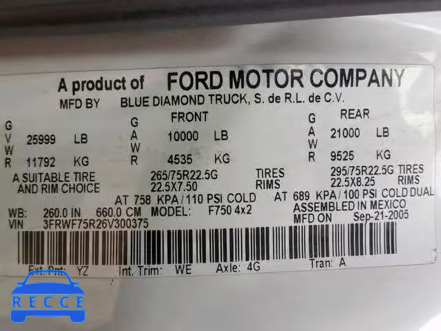 2006 FORD F750 SUPER 3FRWF75R26V300375 image 9