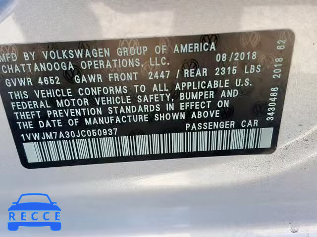 2018 VOLKSWAGEN PASSAT GT 1VWJM7A30JC050937 зображення 9