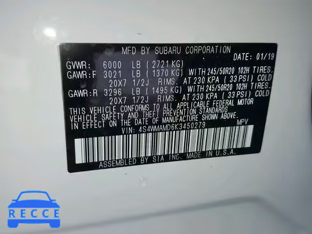 2019 SUBARU ASCENT LIM 4S4WMAMD6K3450279 image 9