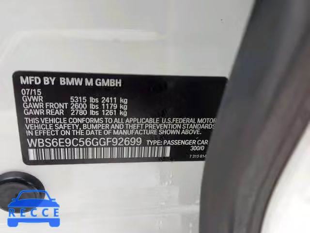 2016 BMW M6 GRAN CO WBS6E9C56GGF92699 зображення 9