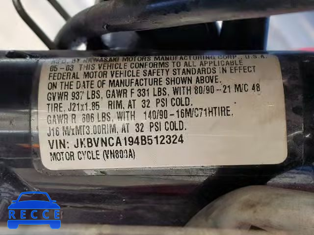 2004 KAWASAKI VN800 JKBVNCA194B512324 зображення 9