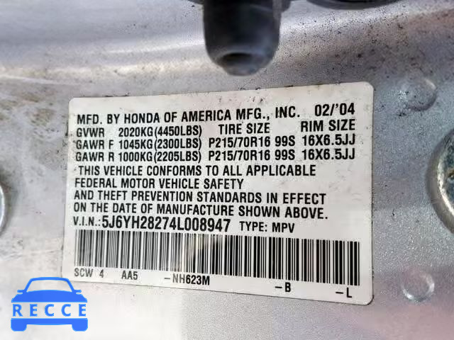 2004 HONDA ELEMENT DX 5J6YH28274L008947 image 9
