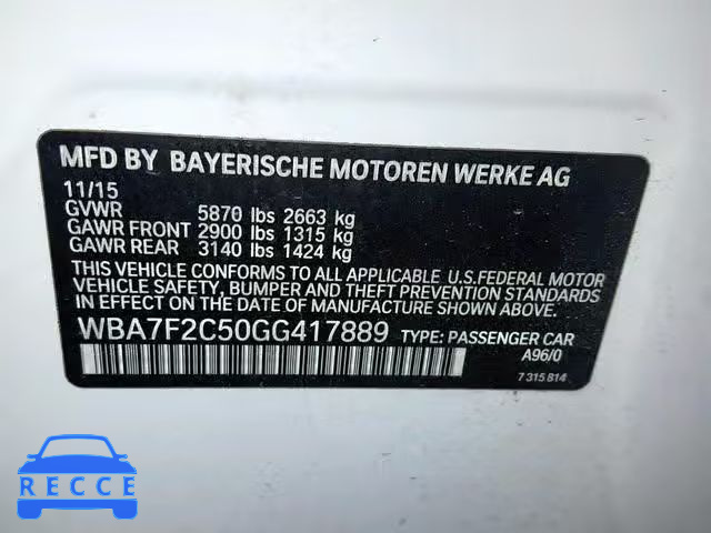 2016 BMW 750 XI WBA7F2C50GG417889 image 9