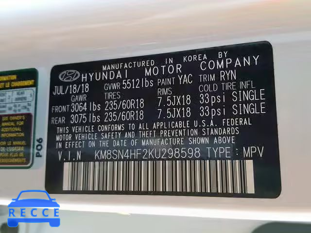 2019 HYUNDAI SANTA FE X KM8SN4HF2KU298598 image 9