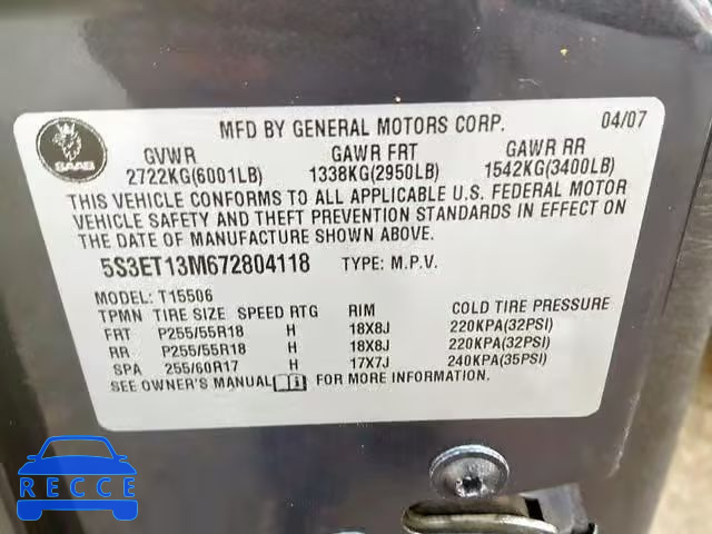 2007 SAAB 9-7X 5.3I 5S3ET13M672804118 image 9