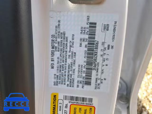 2019 FORD FUSION TIT 3FA6P0RU2KR180067 image 9