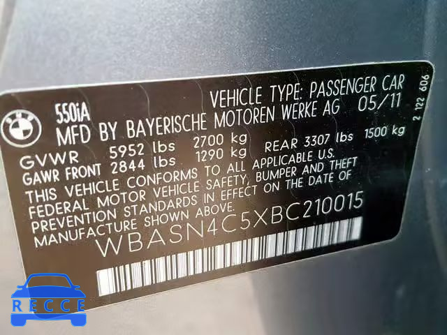 2011 BMW 550 GT WBASN4C5XBC210015 зображення 9