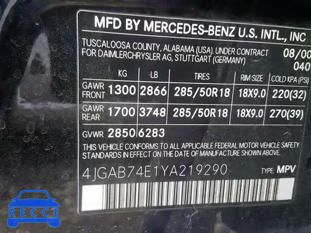 2000 MERCEDES-BENZ ML 55 4JGAB74E1YA219290 зображення 9