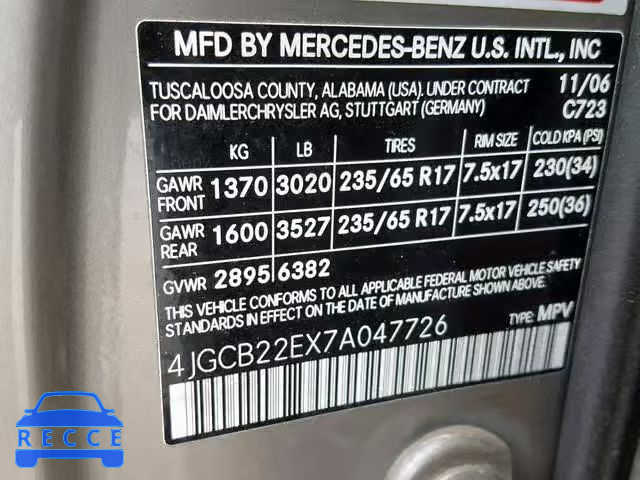 2007 MERCEDES-BENZ R 320 CDI 4JGCB22EX7A047726 зображення 9