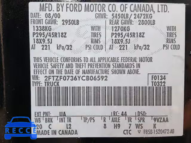2000 FORD F150 SVT L 2FTZF0736YCB06592 image 9