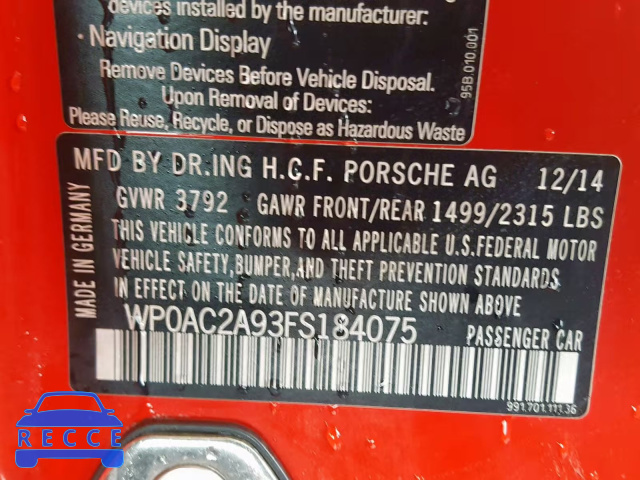 2015 PORSCHE 911 GT3 WP0AC2A93FS184075 зображення 9