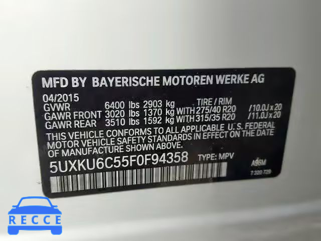 2015 BMW X6 XDRIVE5 5UXKU6C55F0F94358 Bild 9