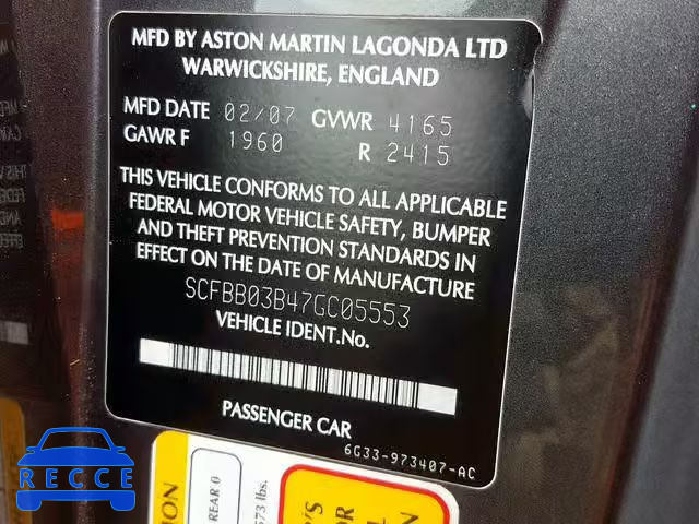 2007 ASTON MARTIN V8 VANTAGE SCFBB03B47GC05553 image 9