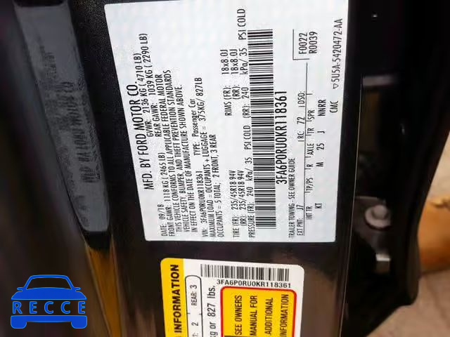 2019 FORD FUSION TIT 3FA6P0RU0KR118361 Bild 9