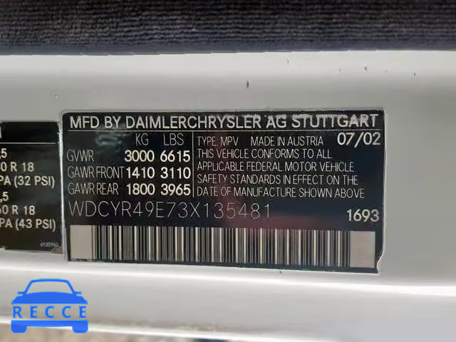 2003 MERCEDES-BENZ G 500 WDCYR49E73X135481 image 9