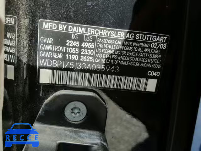 2003 MERCEDES-BENZ CL 500 WDBPJ75J33A035943 Bild 9