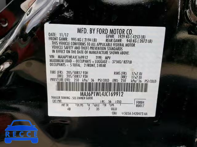 2018 FORD ECOSPORT T MAJ6P1WL4JC169912 зображення 9