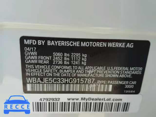 2017 BMW 540 I WBAJE5C33HG915787 image 9