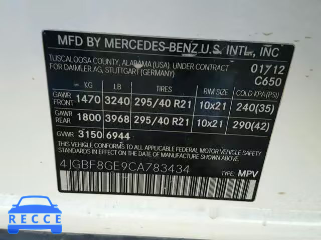 2012 MERCEDES-BENZ GL 550 4MA 4JGBF8GE9CA783434 image 9