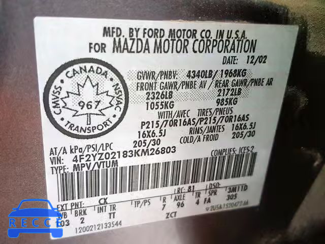 2003 MAZDA TRIBUTE DX 4F2YZ02183KM26803 image 9