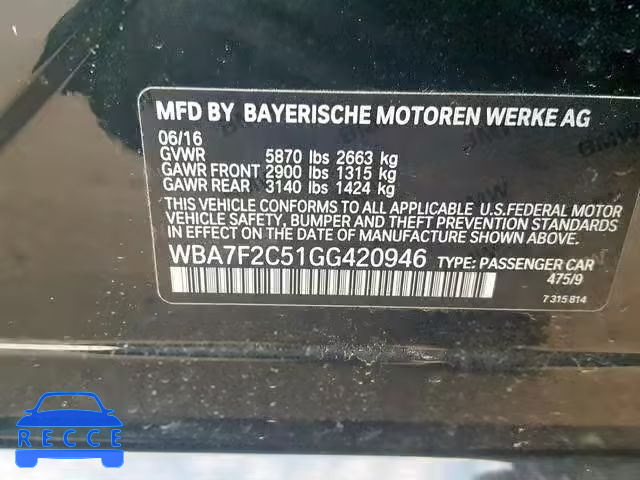 2016 BMW 750 XI WBA7F2C51GG420946 image 9