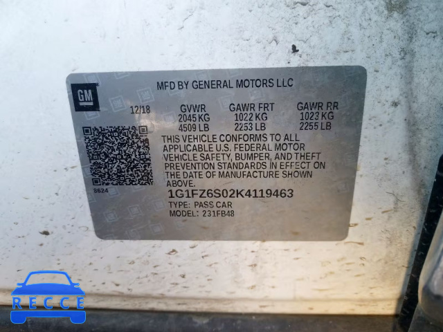 2019 CHEVROLET BOLT EV PR 1G1FZ6S02K4119463 image 9
