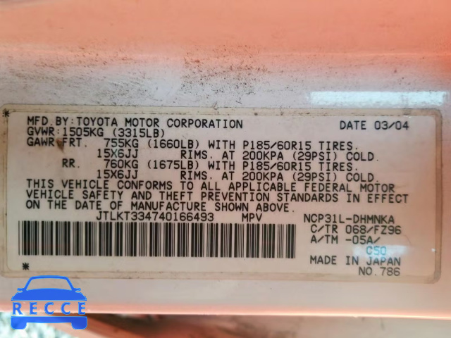2004 TOYOTA XB JTLKT334740166493 зображення 9