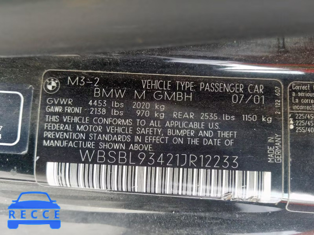 2001 BMW M3 CI WBSBL93421JR12233 зображення 9