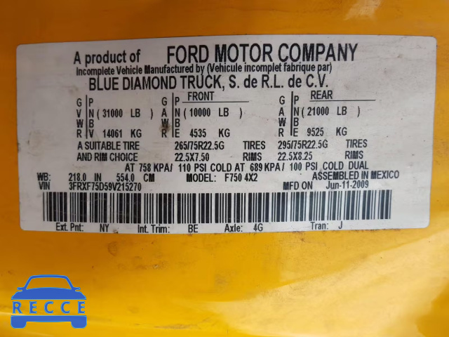 2009 FORD F750 SUPER 3FRXF75D59V215270 image 9