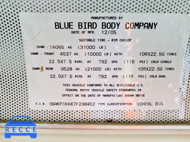 2007 BLUE BIRD SCHOOL BUS 1BAKFCKHX7F238452 Bild 9